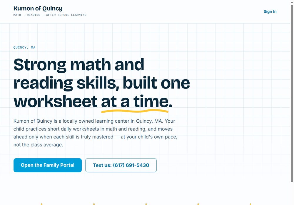 The live kumonquincy.com site Solace built — hero, Family Portal, and the Telnyx text line
